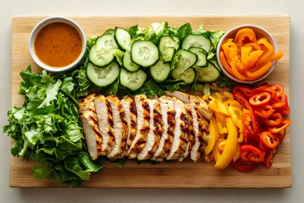 Ingredients for a low-calorie burger bowl arranged on a board.