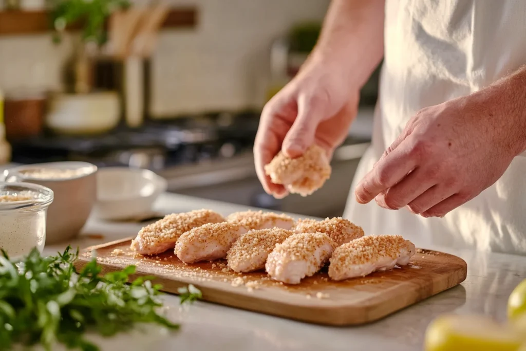 Breaded chicken fillets being prepared for Chicken Christopher