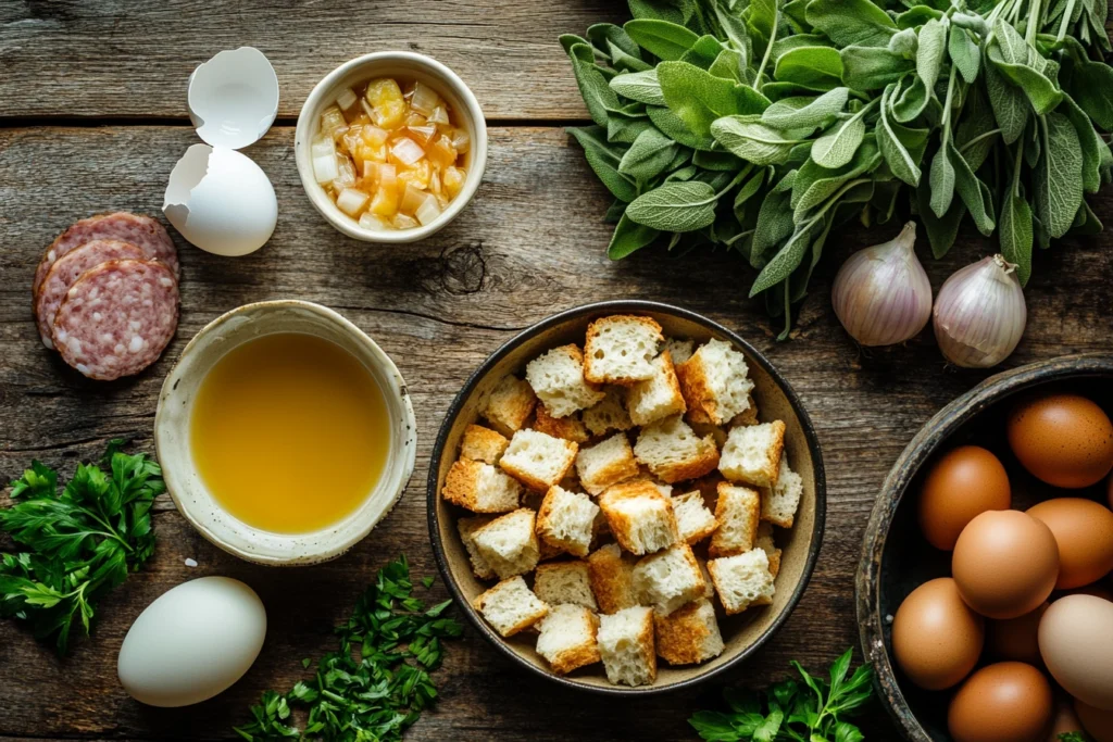 Fresh ingredients for stuffing balls including bread, sausage, herbs, and spices.