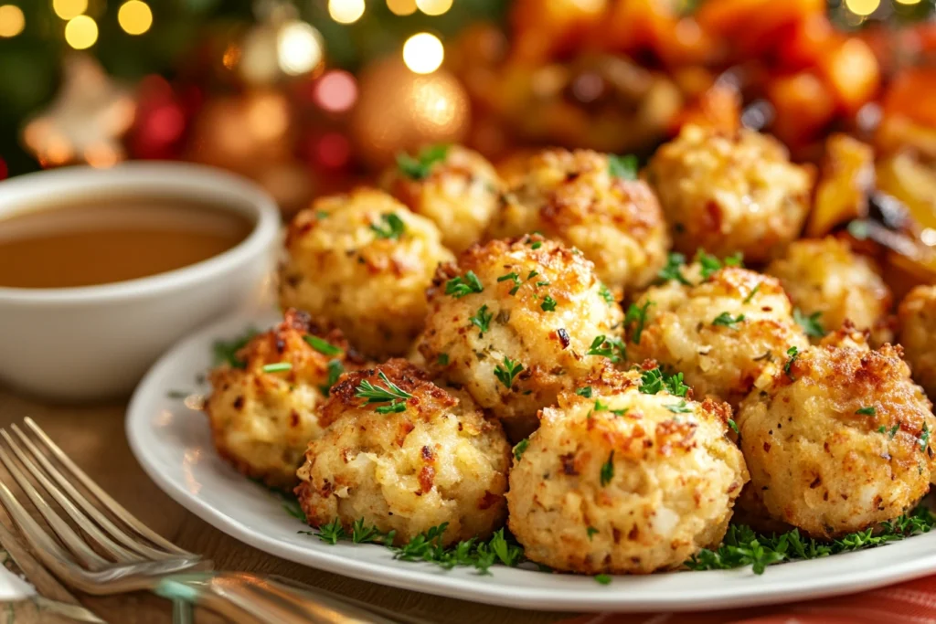 Golden-brown stuffing balls served with gravy and vegetables.