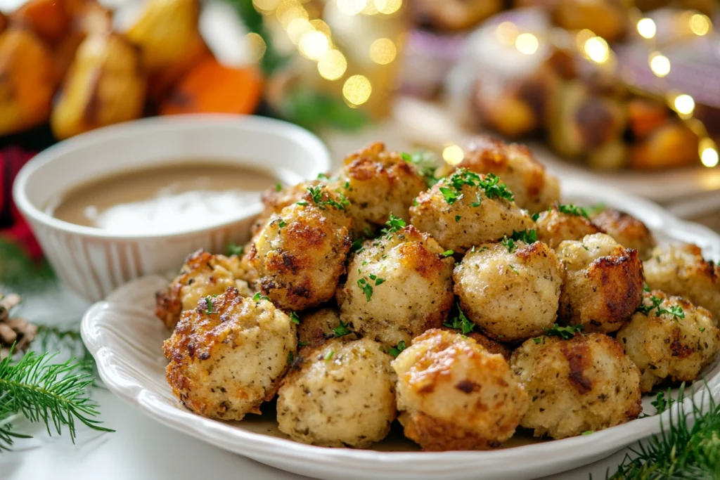 Golden-brown stuffing balls garnished with fresh parsley, served on a white platter with a bowl of gravy, surrounded by festive decor.