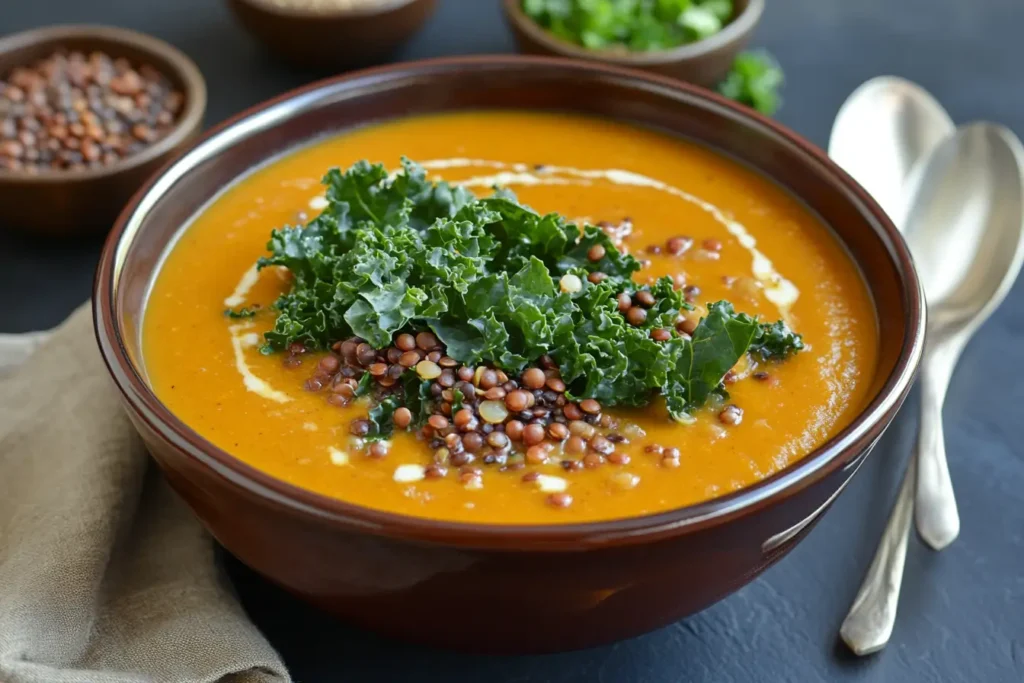 Pumpkin soup topped with kale, quinoa, and lentils