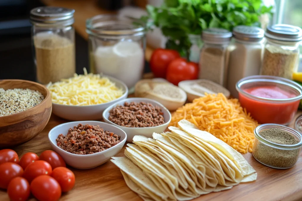 Ingredients for taco lasagna arranged on a kitchen counter