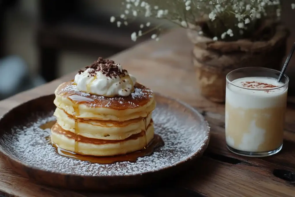 Buttermilk pancakes and a glass of kefir on a wooden table