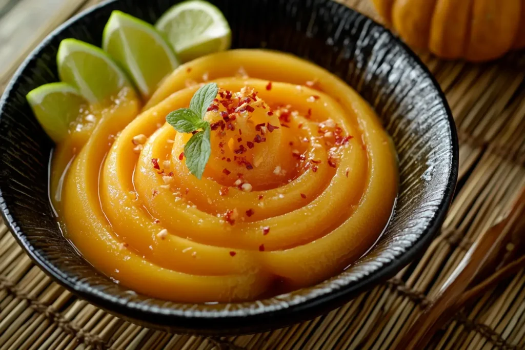 Creamy pumpkin soup garnished with parsley and seeds.