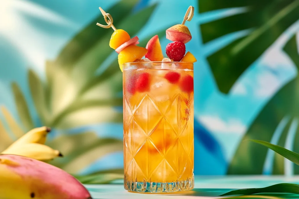 Rusa Drink served in a tropical setting with fruit garnishes.