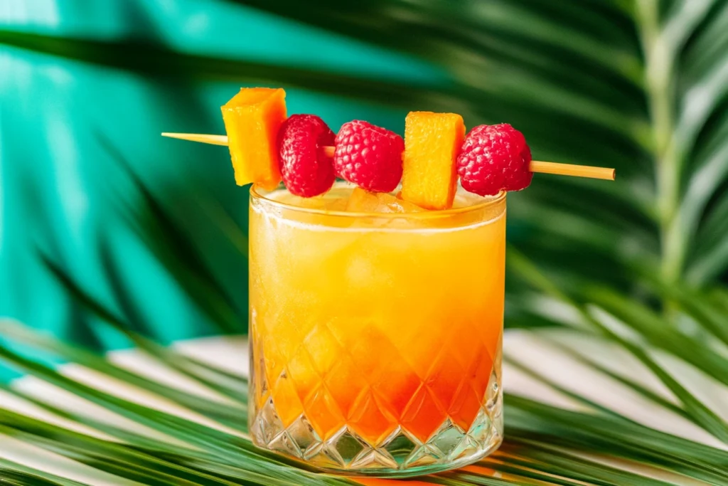 Rusa Drink served in a tropical setting with fruit garnishes