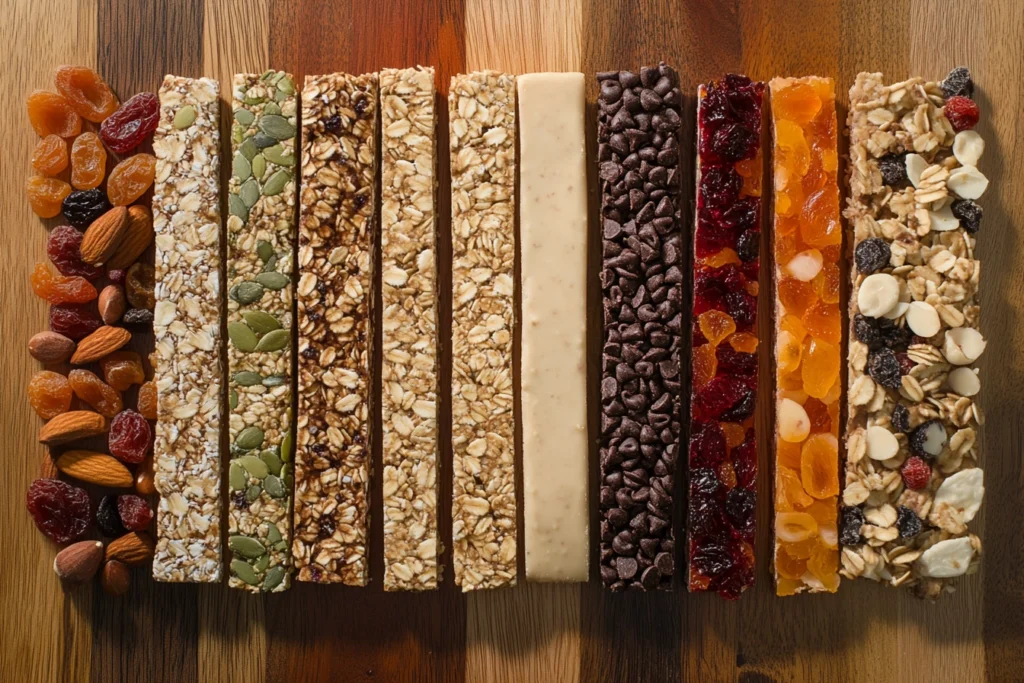 A variety of granola bars with nuts, dried fruits, and chocolate chips on a wooden table.