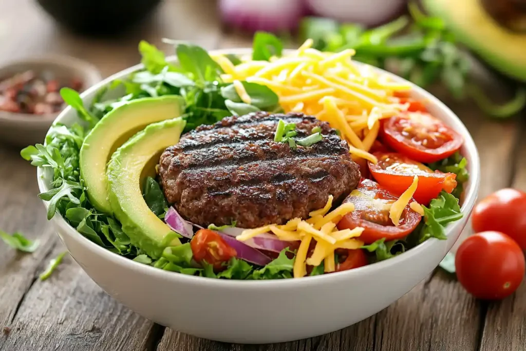 Fresh and colorful burger bowl with healthy toppings.