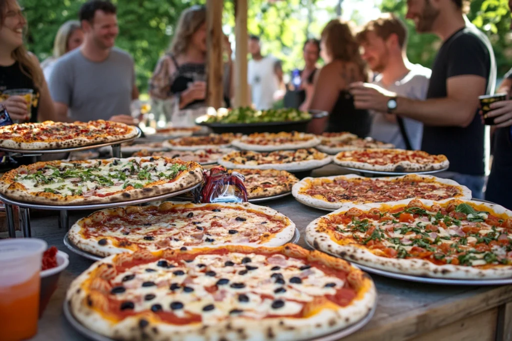 A lively pizza party featuring various styles of pizza pies.