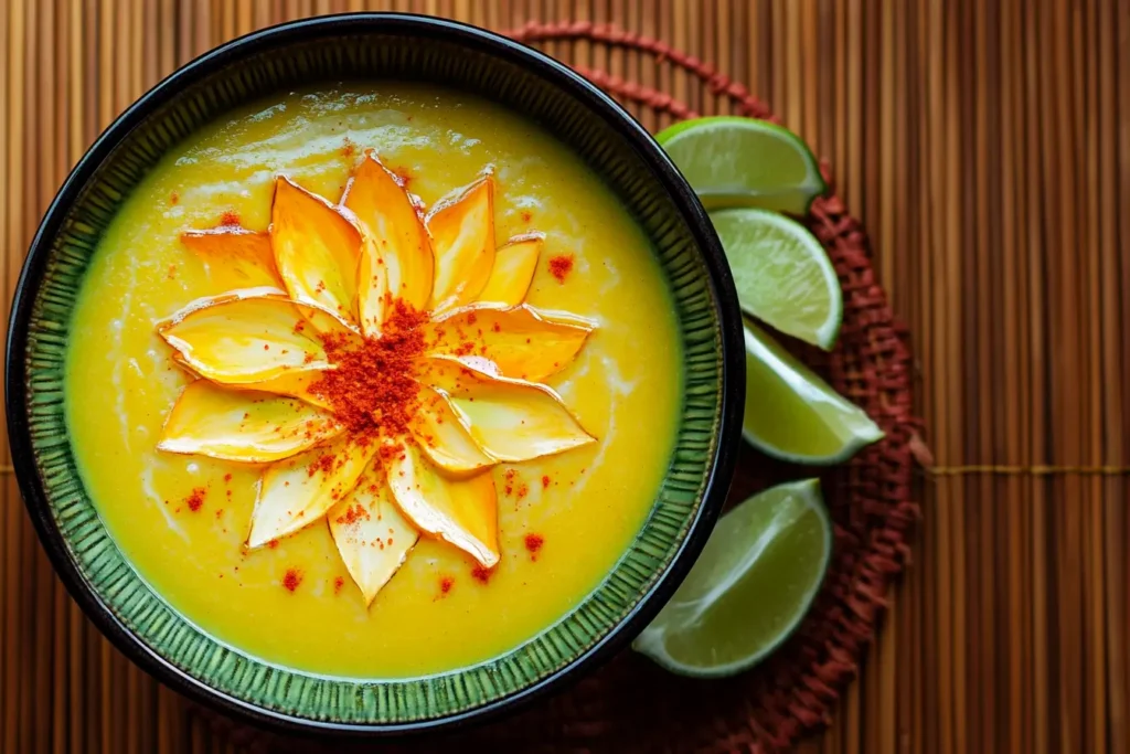 Bowl of pumpkin soup garnished with petals and chili powder.