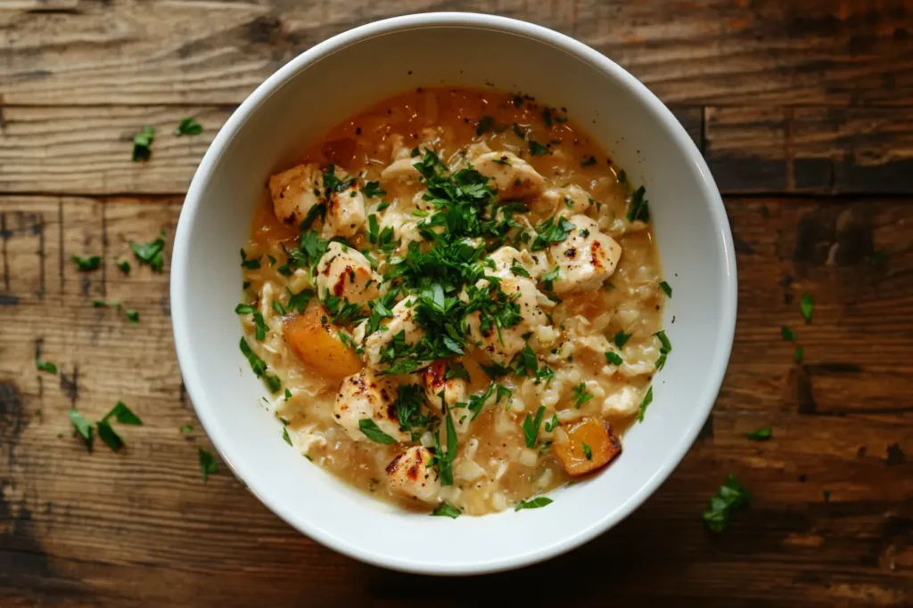 A bowl of chicken fricassee with chunks of chicken, carrots, creamy sauce, and a garnish of fresh parsley, placed on a rustic wooden table.