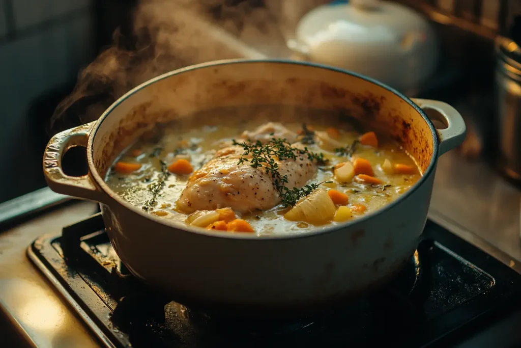 A steaming pot of chicken fricassee cooking on a stove, featuring a chicken breast simmering with carrots, onions, and fresh thyme in a creamy broth.

