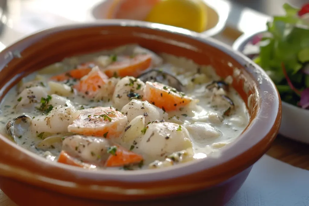 A bowl of creamy seafood fricassee with chunks of fish, carrots, and herbs, served in a brown ceramic dish alongside a fresh salad in the background.