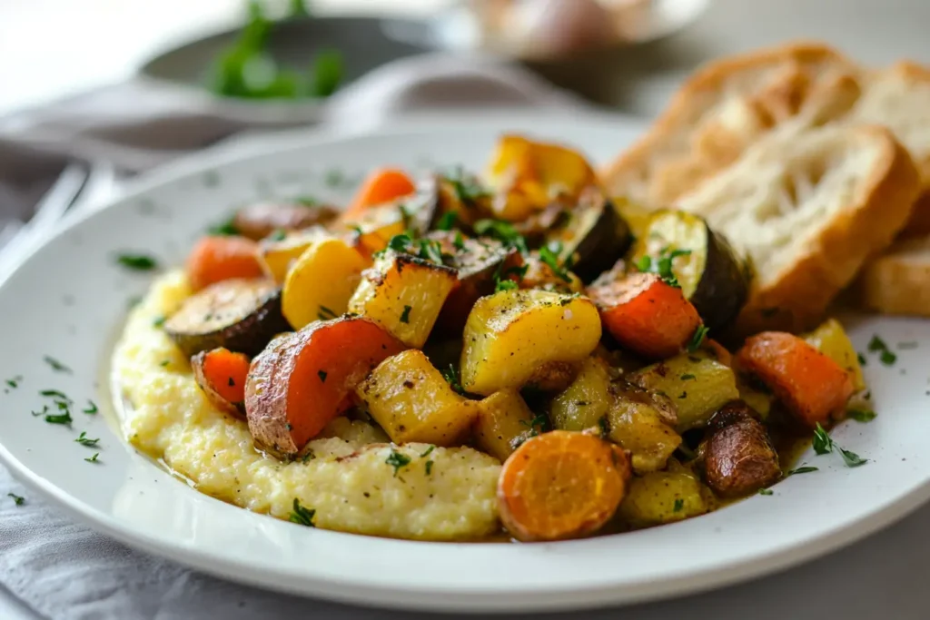 A plate of roasted vegetables including carrots, zucchini, and potatoes served over creamy polenta, garnished with fresh parsley, with slices of bread in the background.