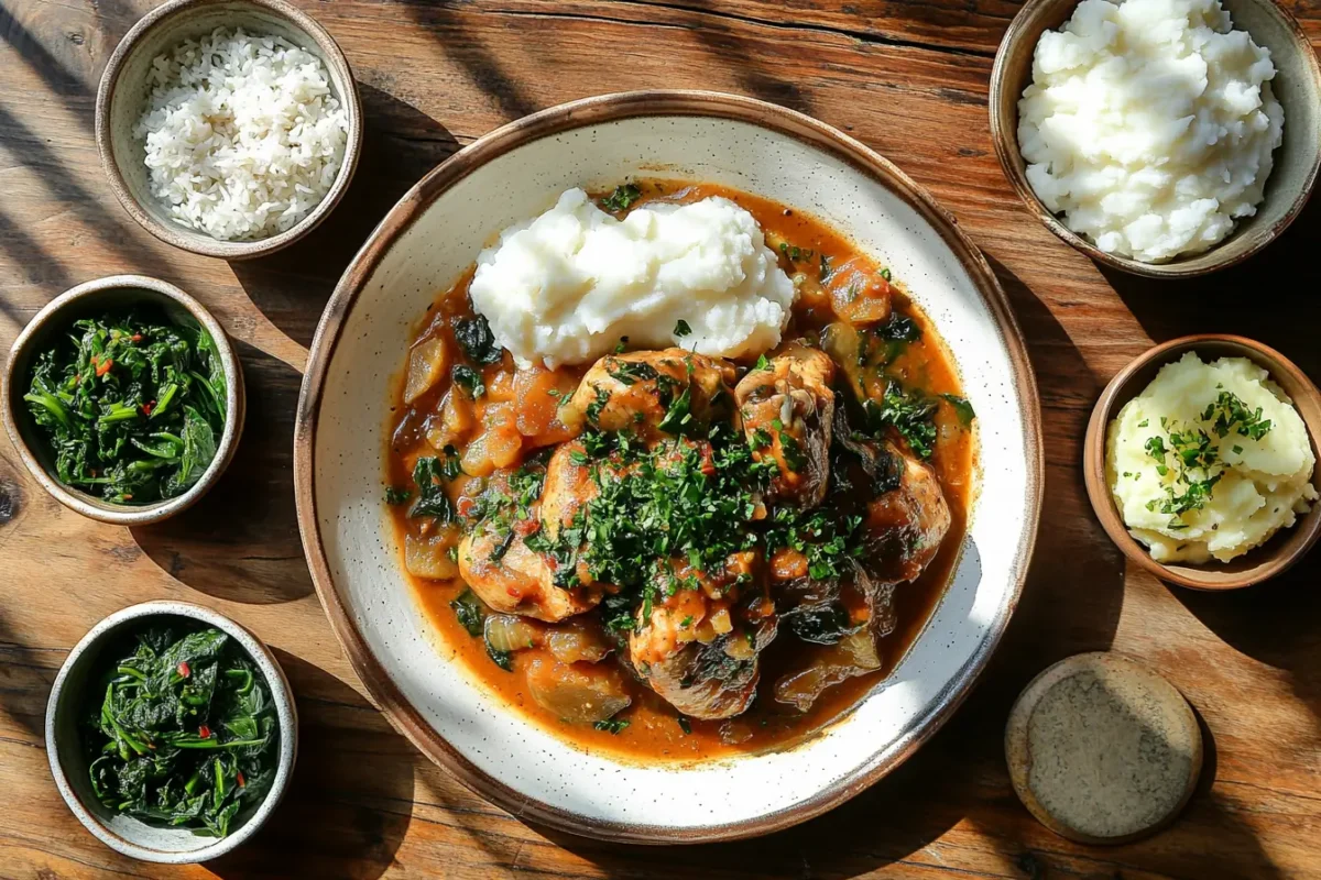 A plate of chicken fricassee with mashed potatoes, served with side bowls of steamed rice, sautéed greens, and additional mashed potatoes, placed on a wooden table under warm natural light.