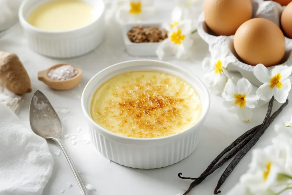 Preparing crème brûlée with whisked egg yolks and sugar