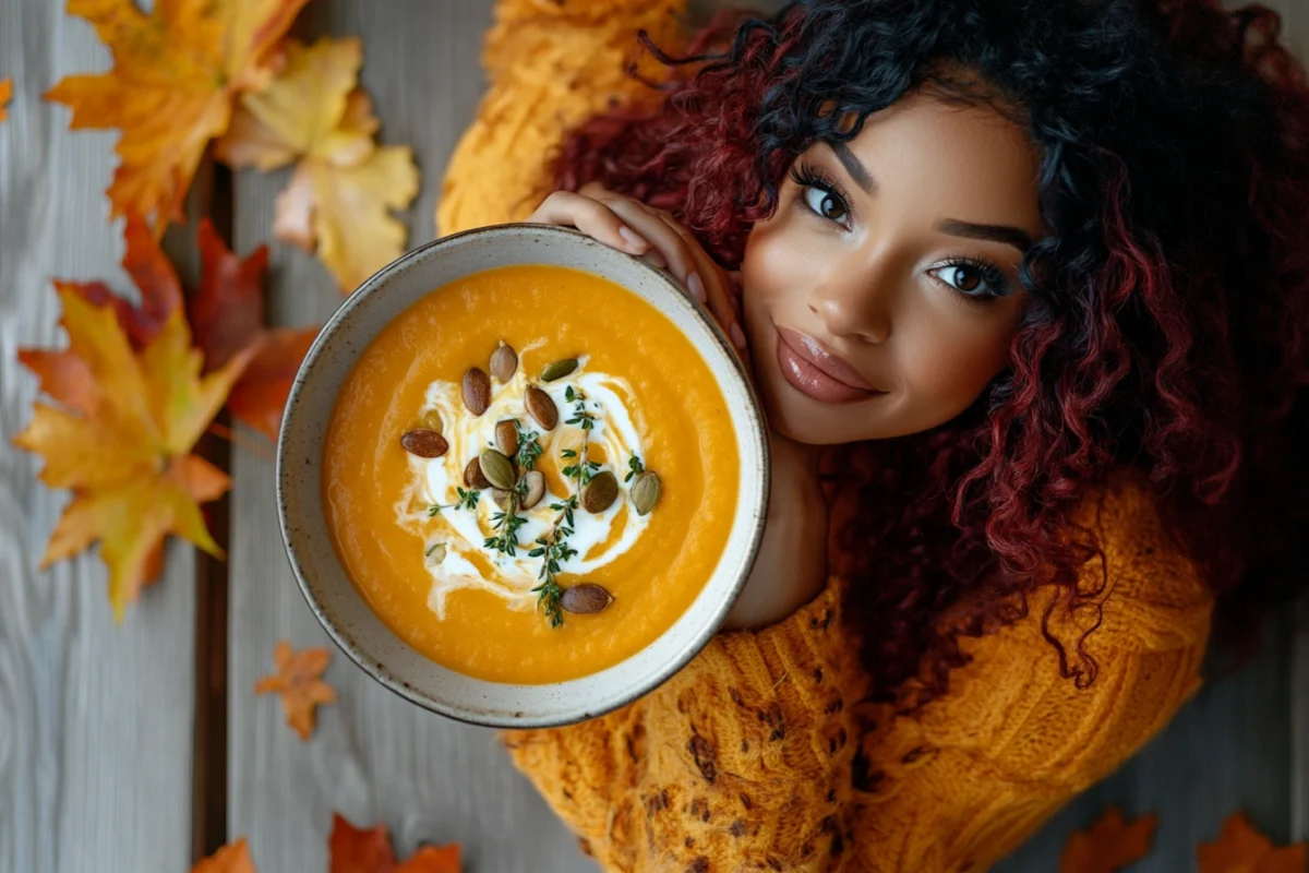 Woman holding a bowl of creamy pumpkin soup garnished with pumpkin seeds and fresh