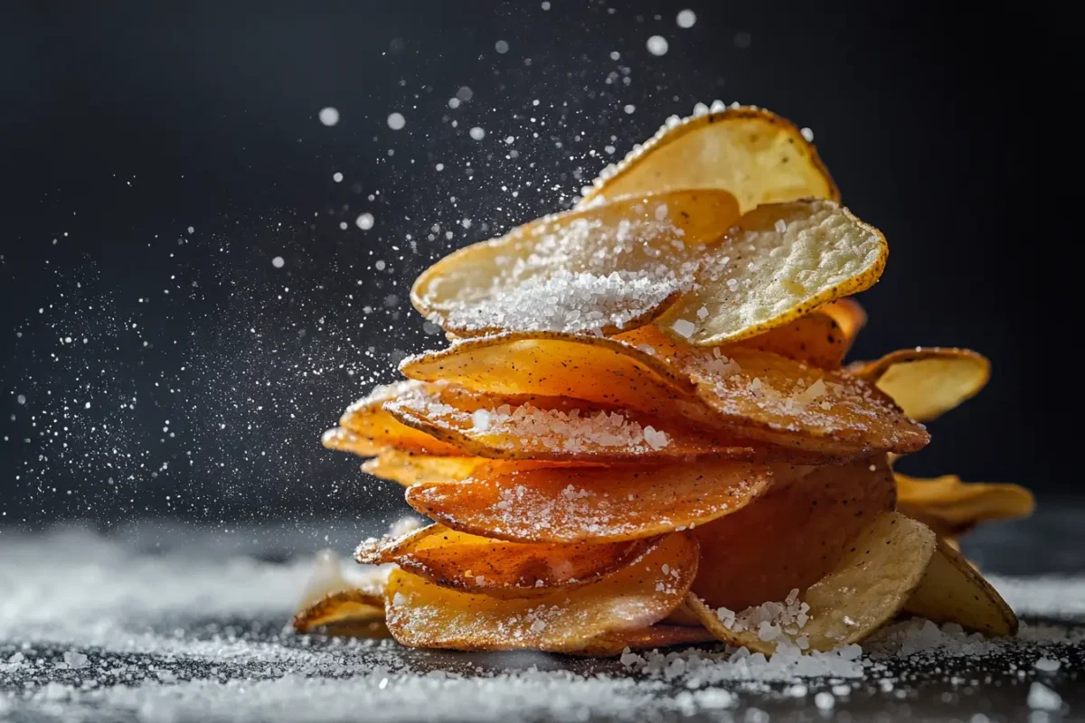 A close-up of a pile of crispy potato chips with coarse salt scattered on top and in the air.