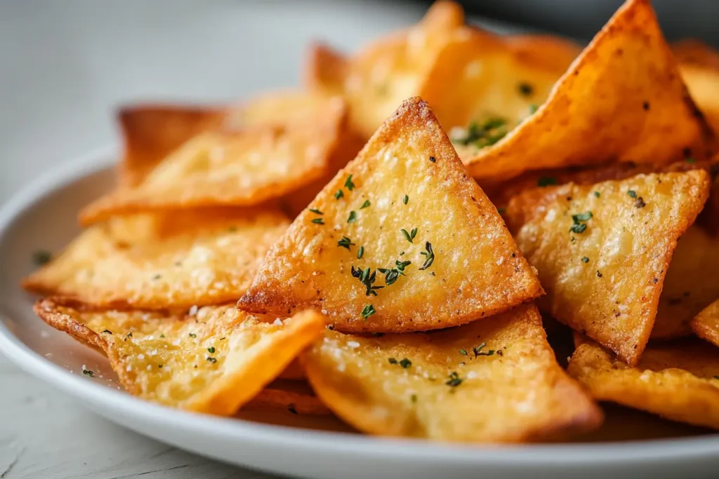 A plate of crispy homemade chips garnished with fresh herbs.
