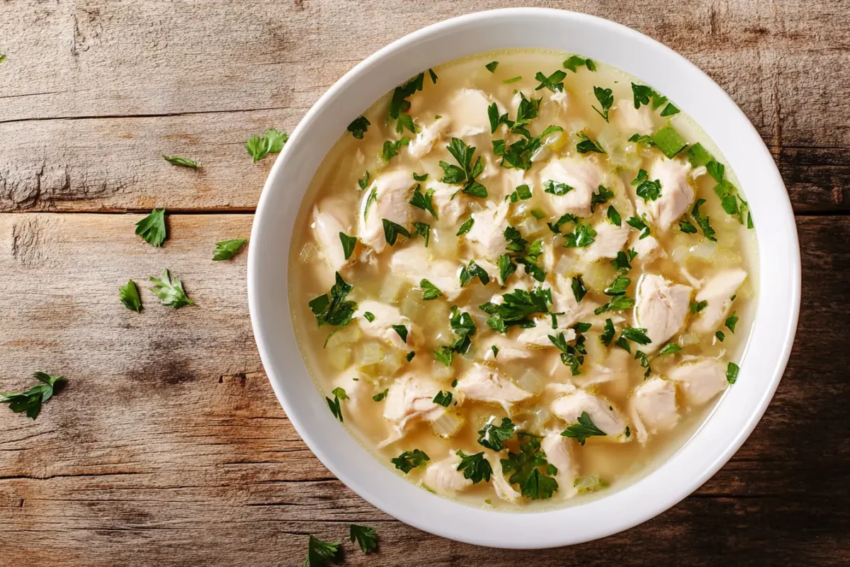 A top-down view of a bowl of chicken fricassee, featuring tender chicken pieces in a creamy sauce garnished with fresh parsley, served on a rustic wooden table.