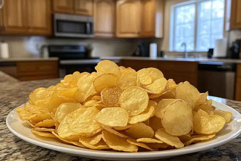 A plate of crispy potato chips on a granite countertop in a home kitchen setting.