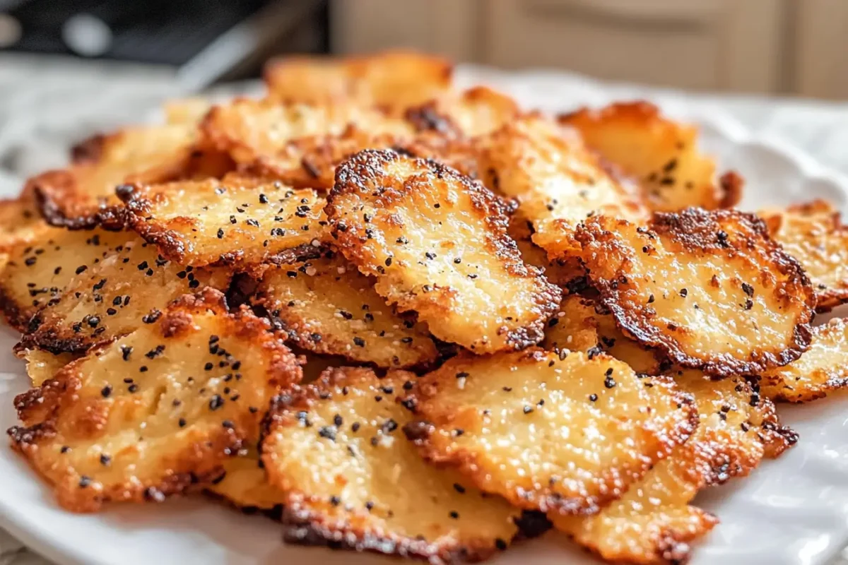 A plate of golden-brown crispy cottage cheese chips garnished with black sesame seeds.