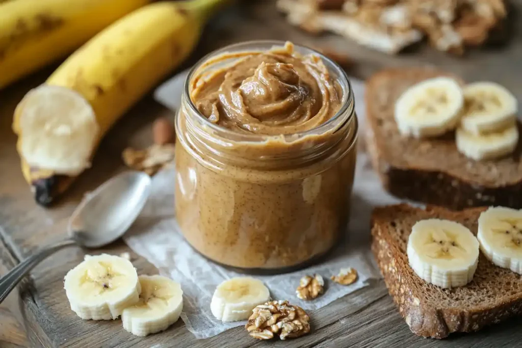 A jar of almond butter with bananas, walnuts, and bread slices.