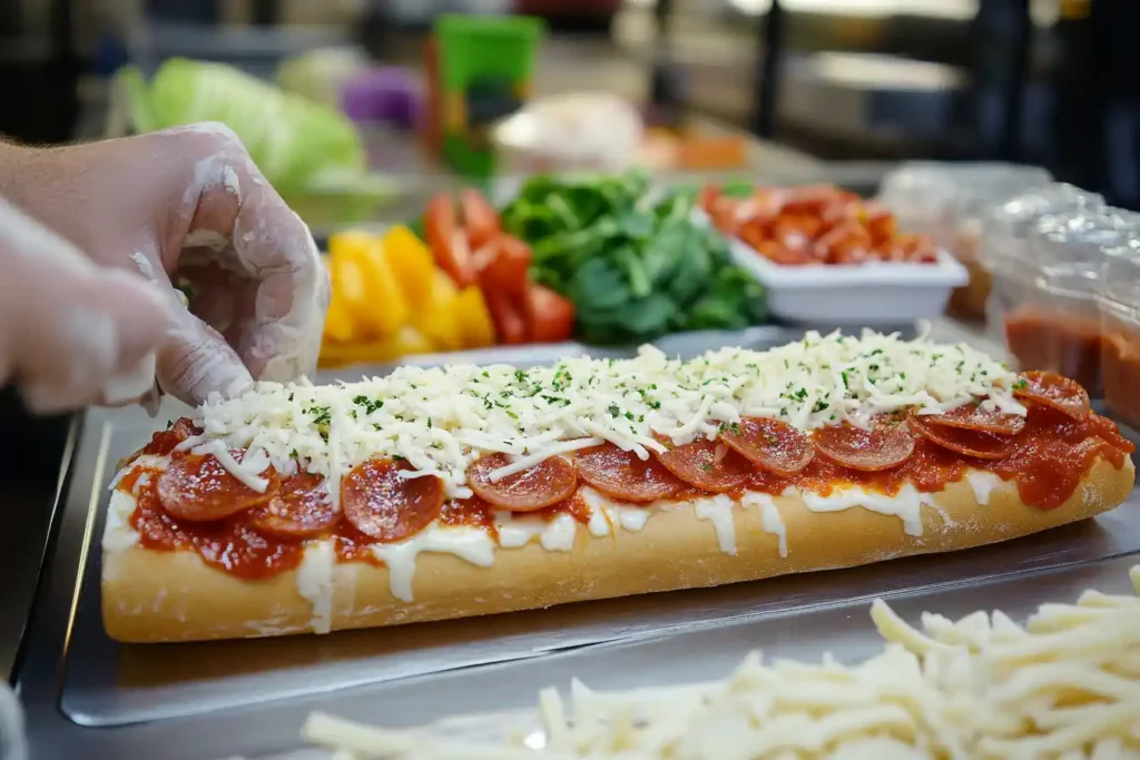 Subway employee assembling a Pizza Sub Melt with marinara sauce and pepperoni.