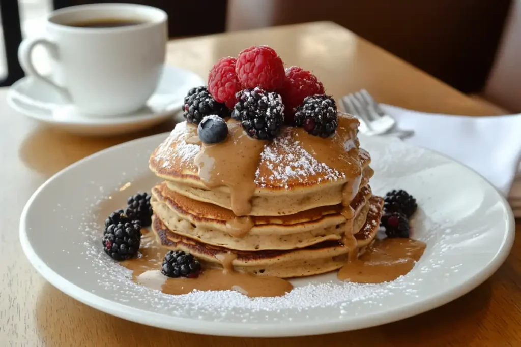 Pancakes drizzled with cookie butter and topped with fresh berries.