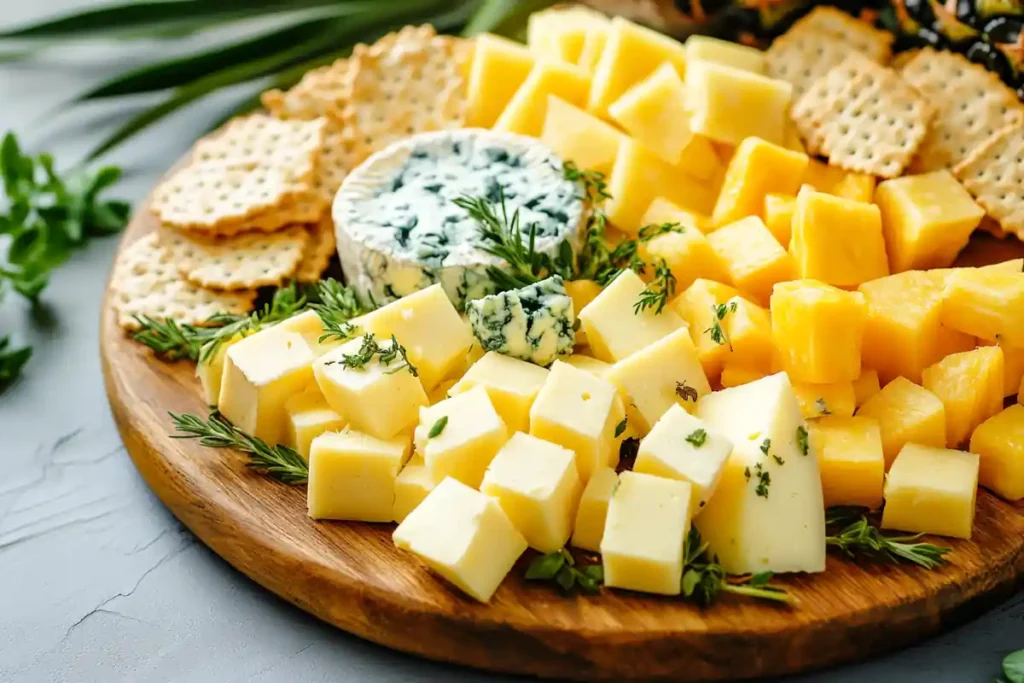 Cheese cubes and pineapple chunks on a wooden platter