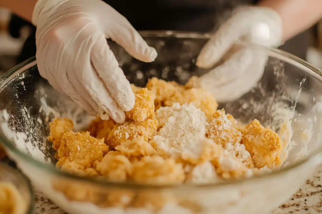 Chicken being coated in seasoned flour and cornstarch