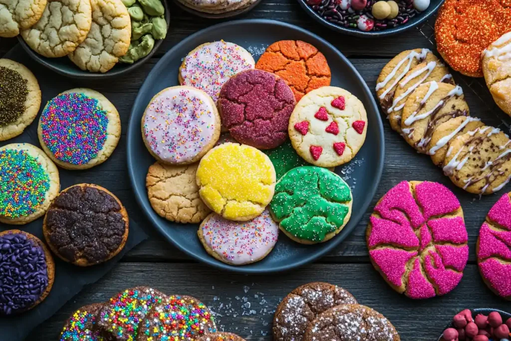 Colorful cookies with icing and sprinkles on a dark wooden surface.