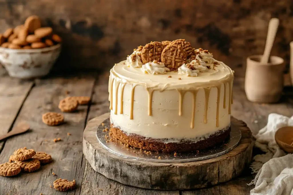 Cookie butter cake with caramel drizzle and cookies.