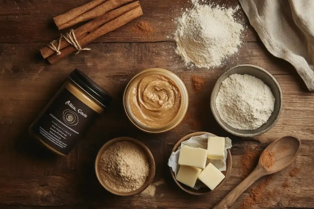 Cookie butter cake ingredients on a wooden table.