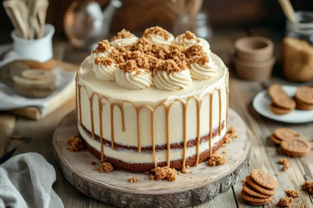 A beautifully frosted cookie butter cake garnished with crushed cookies.