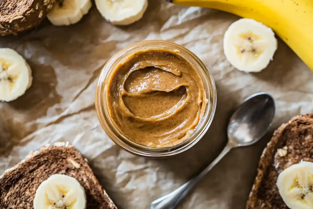 A jar of cookie butter with toast and bananas, showcasing its indulgent texture and flavor.