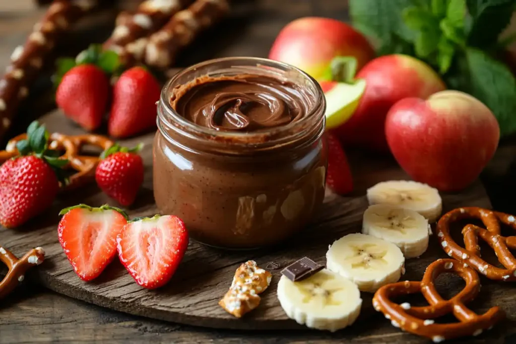 A jar of creamy cookie butter surrounded by fruits and pretzels on a wooden table.