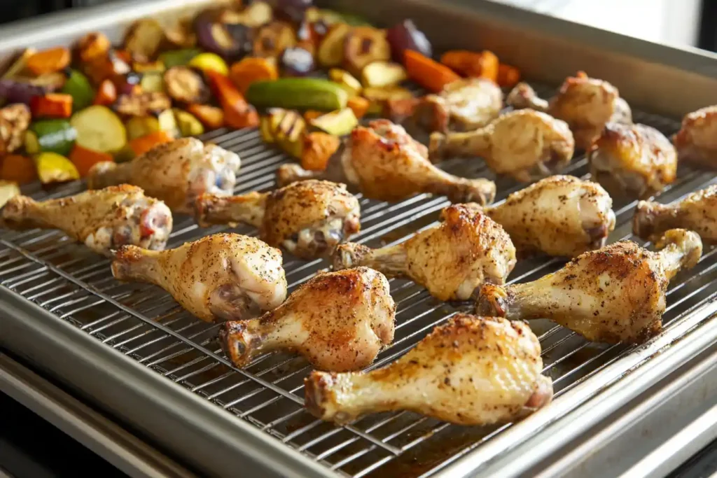 Crispy baked chicken drumsticks on a wire rack