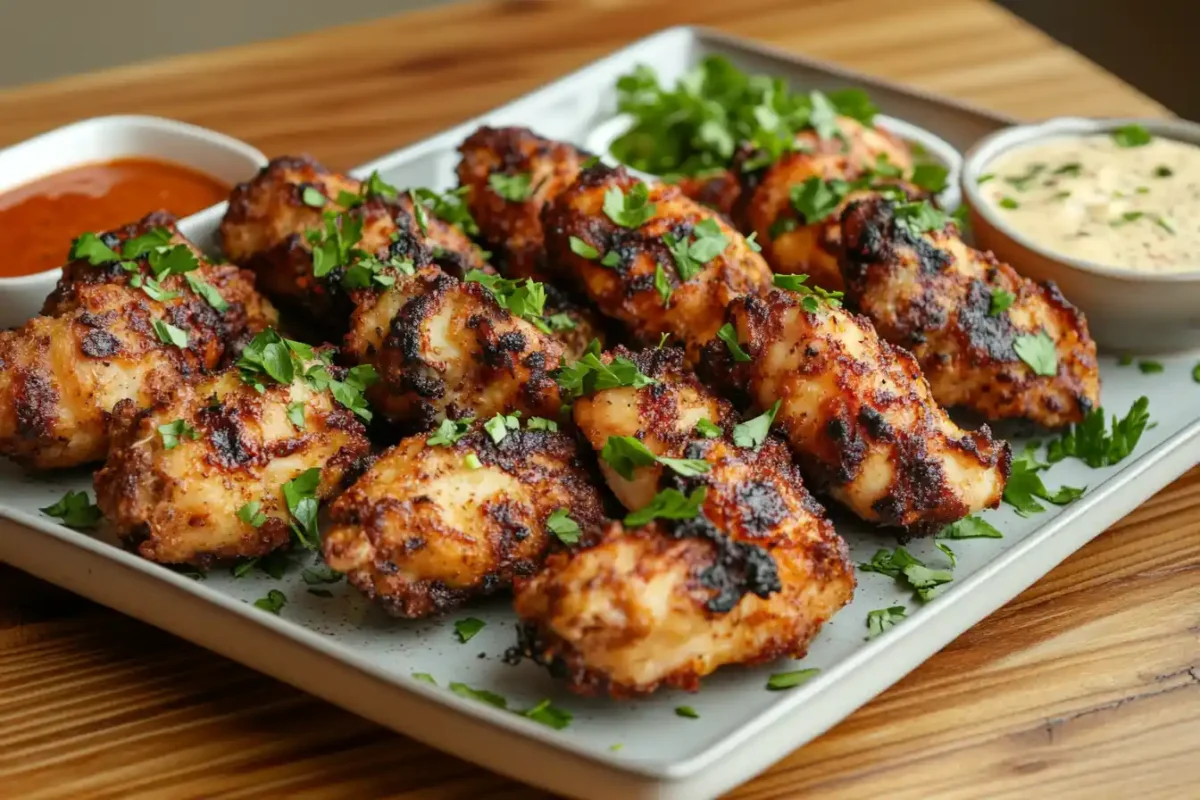 Crispy chicken garnished with parsley and dipping sauces.