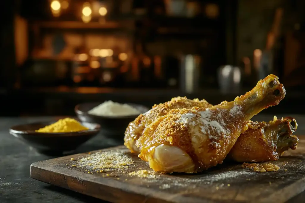 Crispy fried chicken drumstick and wing with bowls of flour and cornstarch.