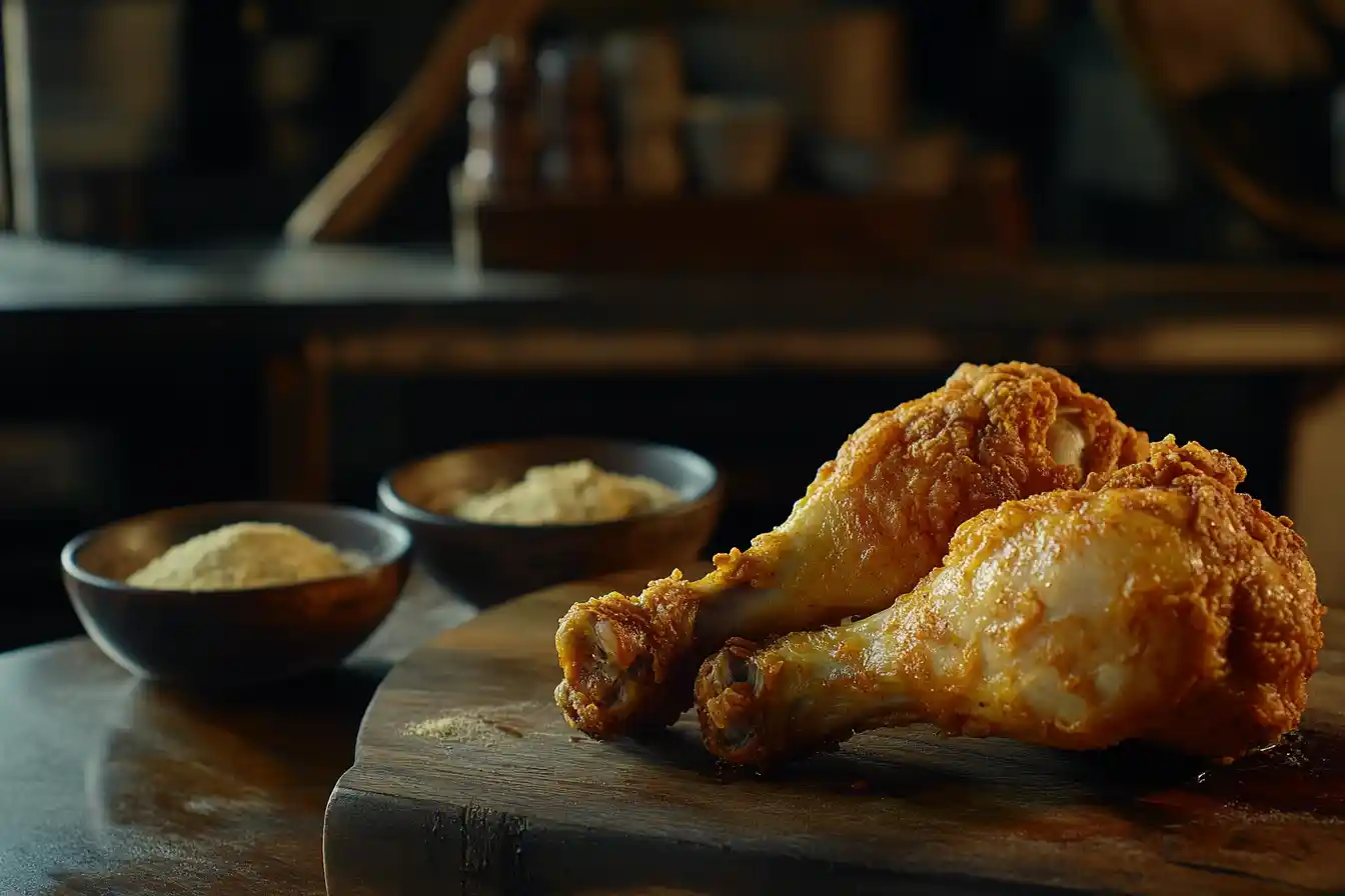 Crispy fried chicken drumsticks with flour and cornstarch.