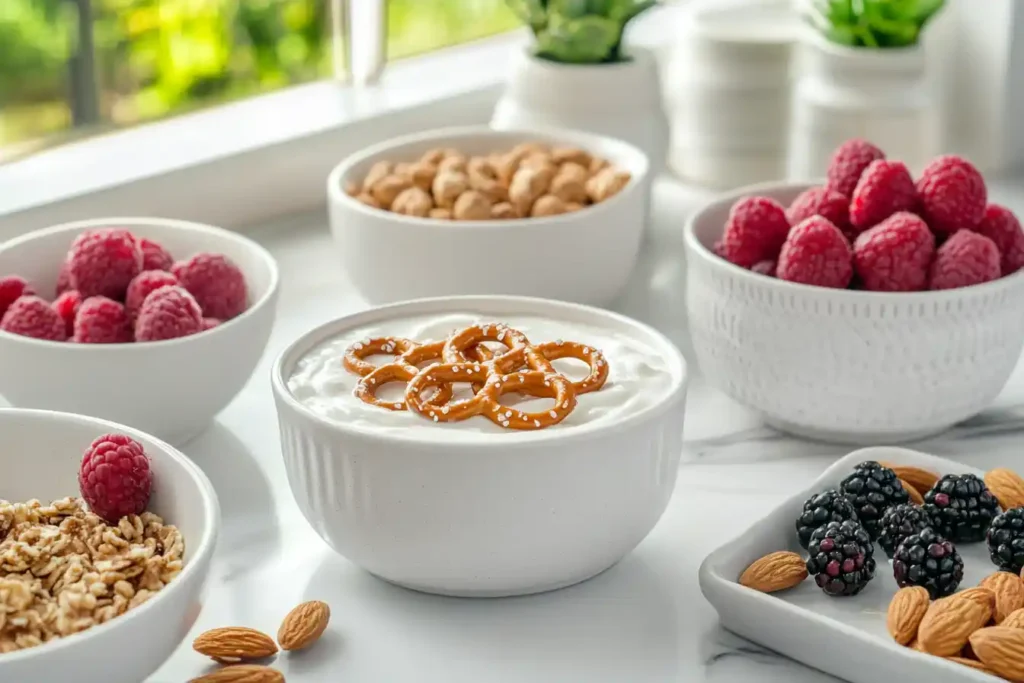 DIY healthy snack with pretzels dipped in yogurt and fresh fruits.