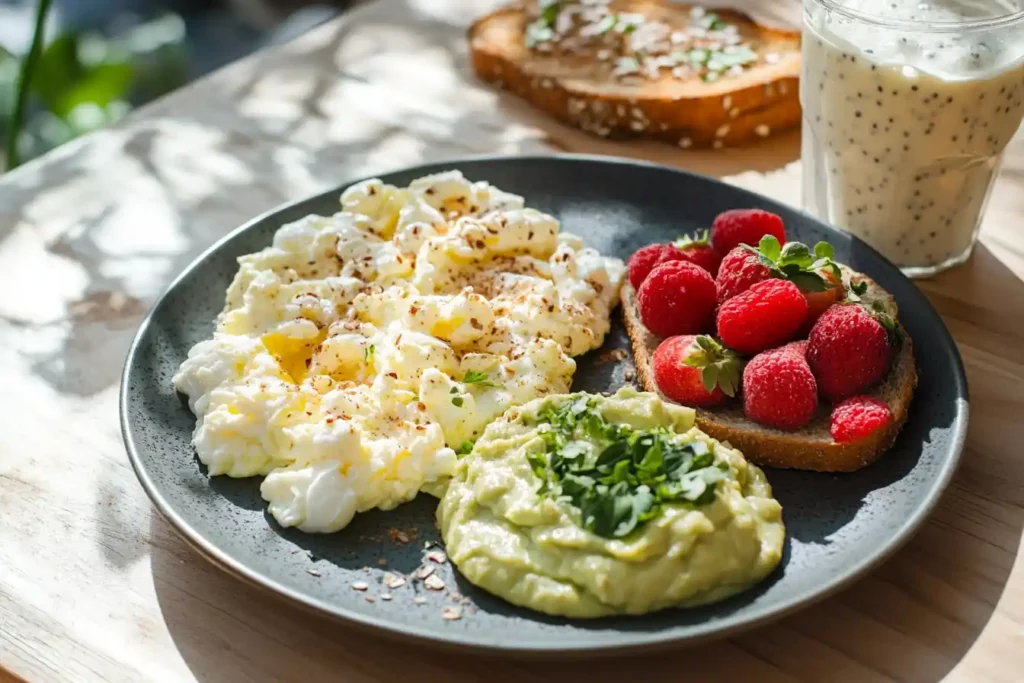 High-protein breakfast spread with eggs, Greek yogurt, and avocado toast.