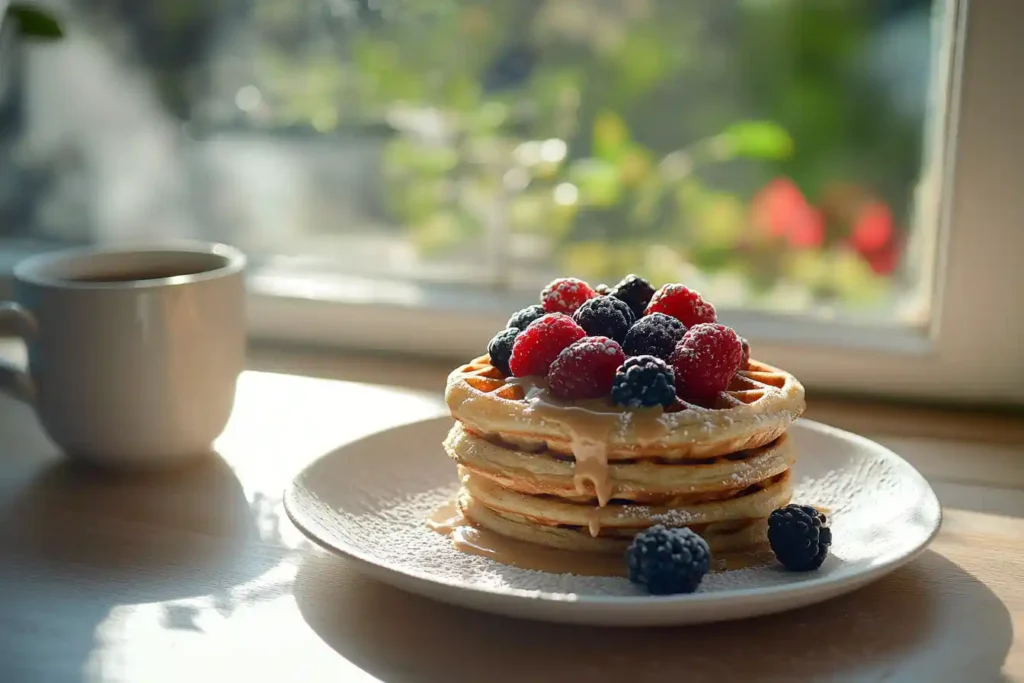 Protein waffles topped with berries and almond butter.