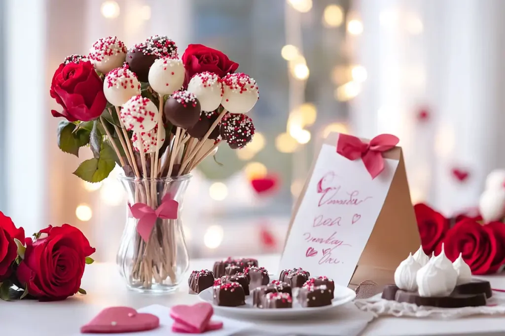 A bouquet of Valentine’s Day cake pops in a vase with roses and chocolates.