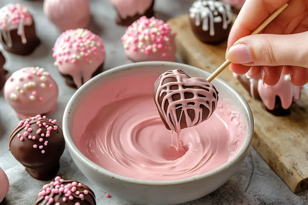 Close-up of dipping a heart-shaped cake pop into pink chocolate.