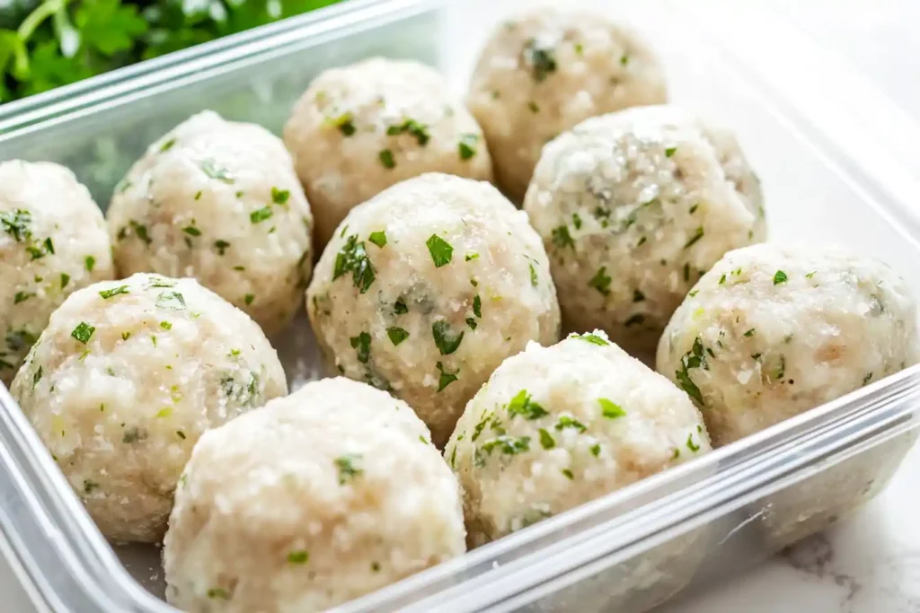 Frozen uncooked stuffing balls in a freezer-safe container with a label