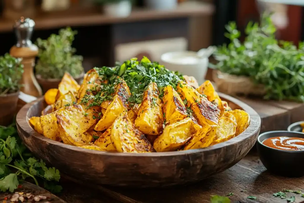 Roasted potatoes with spices and herbs in a plate