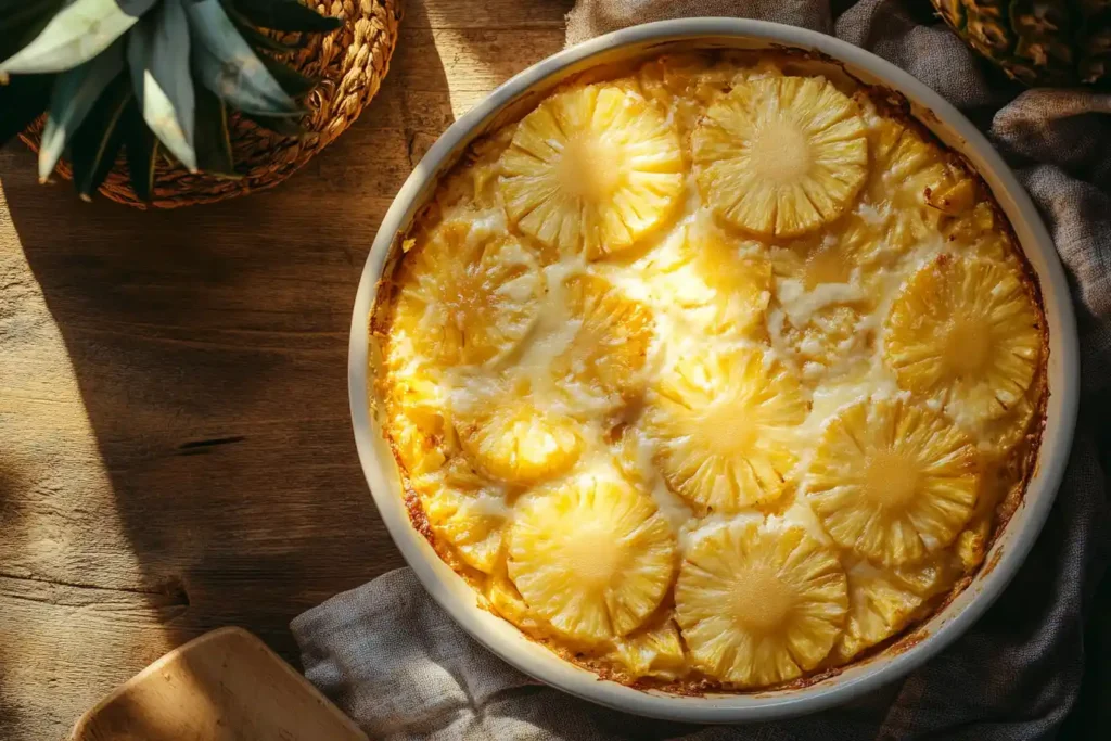 Baked pineapple casserole in a round dish with sliced pineapple on top